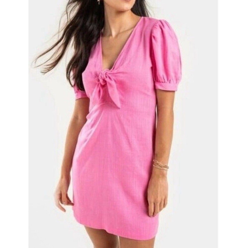 Women Linen Medium Pink Front tie Dress casual romantic rose short sleeve